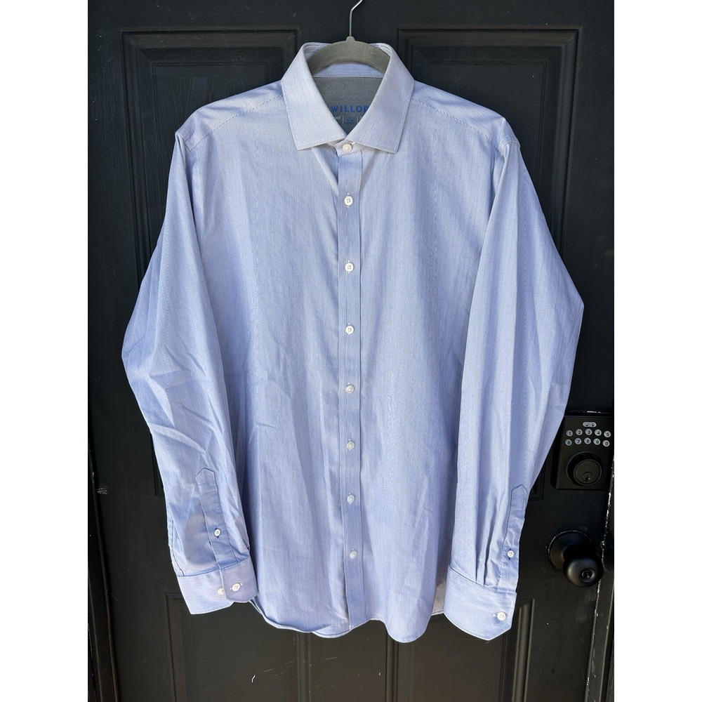 Twillory Shirt Men 18 34-35 Performance Tailored Flip Cuff Button‎ Up Blue White